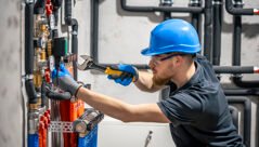 The technician checking the heating system in the boiler room. Adjusting heating valves in a residential building. A plumbing and heating technician works.